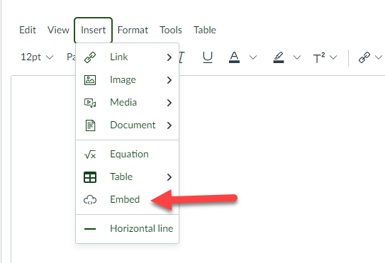 Screenshot of the Canvas Rich Content Editor toolbar with an arrow pointing at the Embed option.