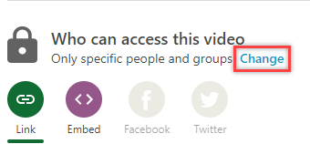 Screenshot of the "Who can access this video" part of the Share options, with Change circled in red.