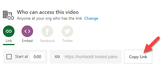 Screenshot of the Copy Link button that allows you to share a link of your Panopto video.