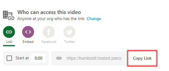 Screenshot of the Panopto video Copy Link button circled in red.