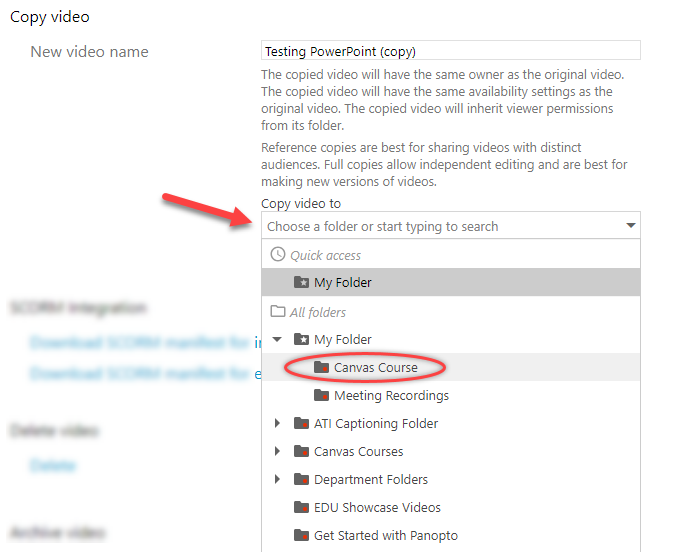 Screenshot of the Copy video to dropdown menu with the folder Canvas Course selected.