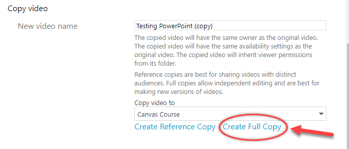 Screenshot of the Create Full Copy link located under the Copy video to dropdown menu.