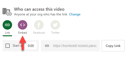 Screenshot of Embed button for sharing a Panopto video.