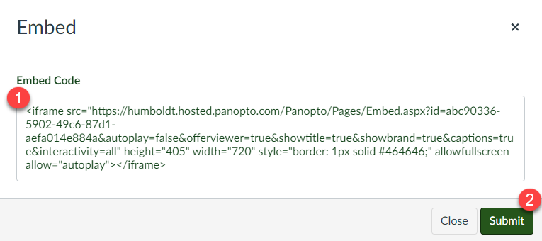 Screenshot of the Embed Code popup window with the Panopto embed code pasted into the provided field.