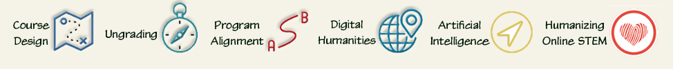 Icons for course design, ungrading, program alignment, digital humanities, and artificial intelligence