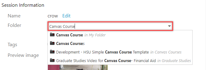 Screenshot of the video Folder name entry field circled in red with a dropdown of suggested folder names.