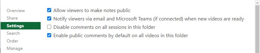 Screenshot showing Panopto folder Settings with the Notify viewers via email and Microsoft Teams (if connected) when new videos are ready