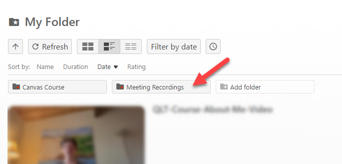 Screenshot of the Panopto My Folder page with an arrow pointing at the Meeting Recordings folder.