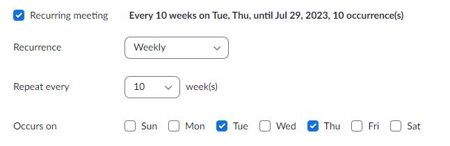 Screenshot of the Zoom Schedule Meeting Weekly Recurring Meeting settings.