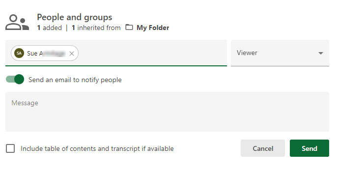 Screenshot of the automated email notification options that appear once you select a user from the "People and groups" suggested users list.