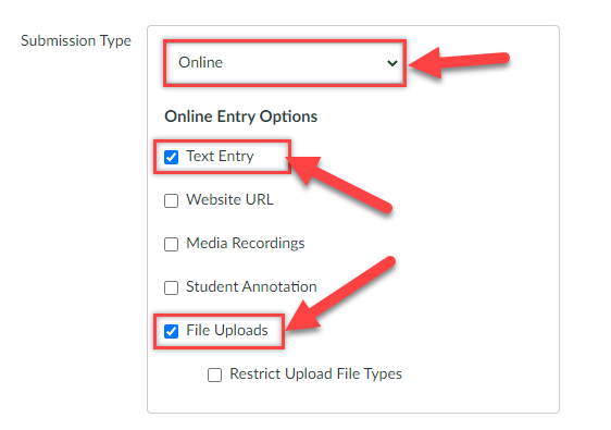 Screenshot of Submission Type settings in a Canvas assignments with Text Entry and File Uploads selected.