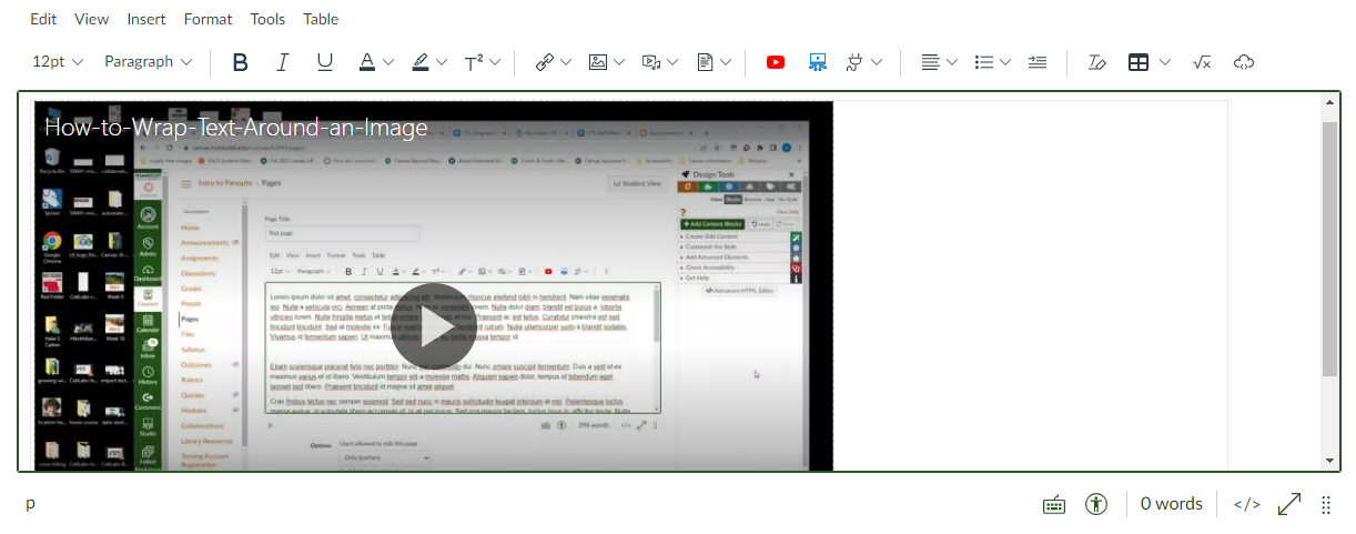 Screenshot of the Panopto video now embedded into the Canvas Rich Content Editor.