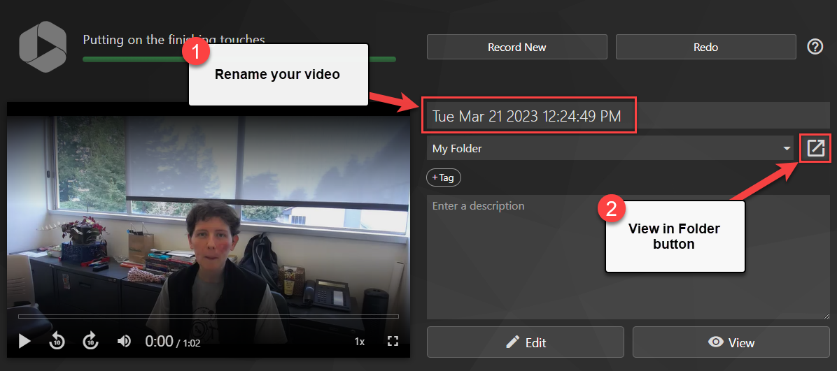 Screenshot of finished Panopto Capture video with directions to rename the video and then click on the View in Folder button.