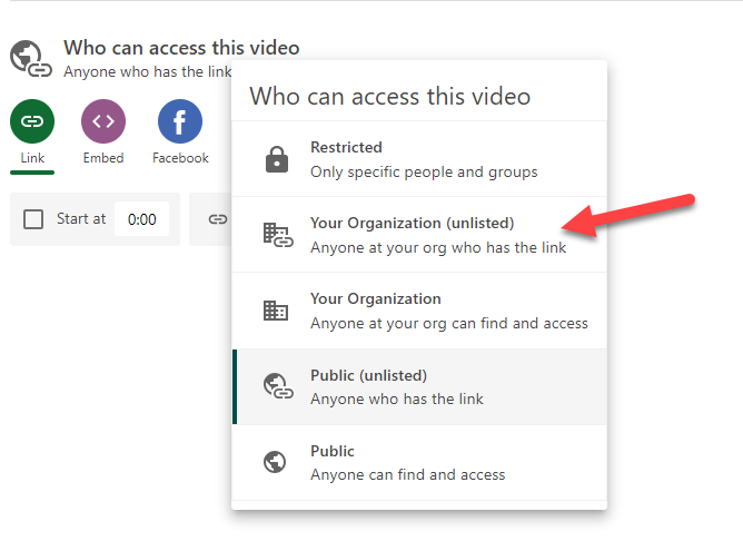 A screenshot of the Who can access this video drop-down menu with "Your Organization (unlisted)" selected.