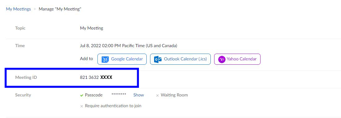 Screenshot of Zoom meeting details with the Meeting ID circled.