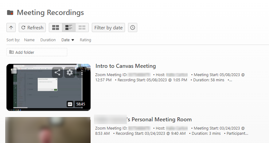 Screenshot of the Meeting Recordings page with a list of Zoom recordings.