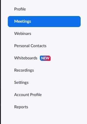 Zoom navigation bar with Meetings highlighted.